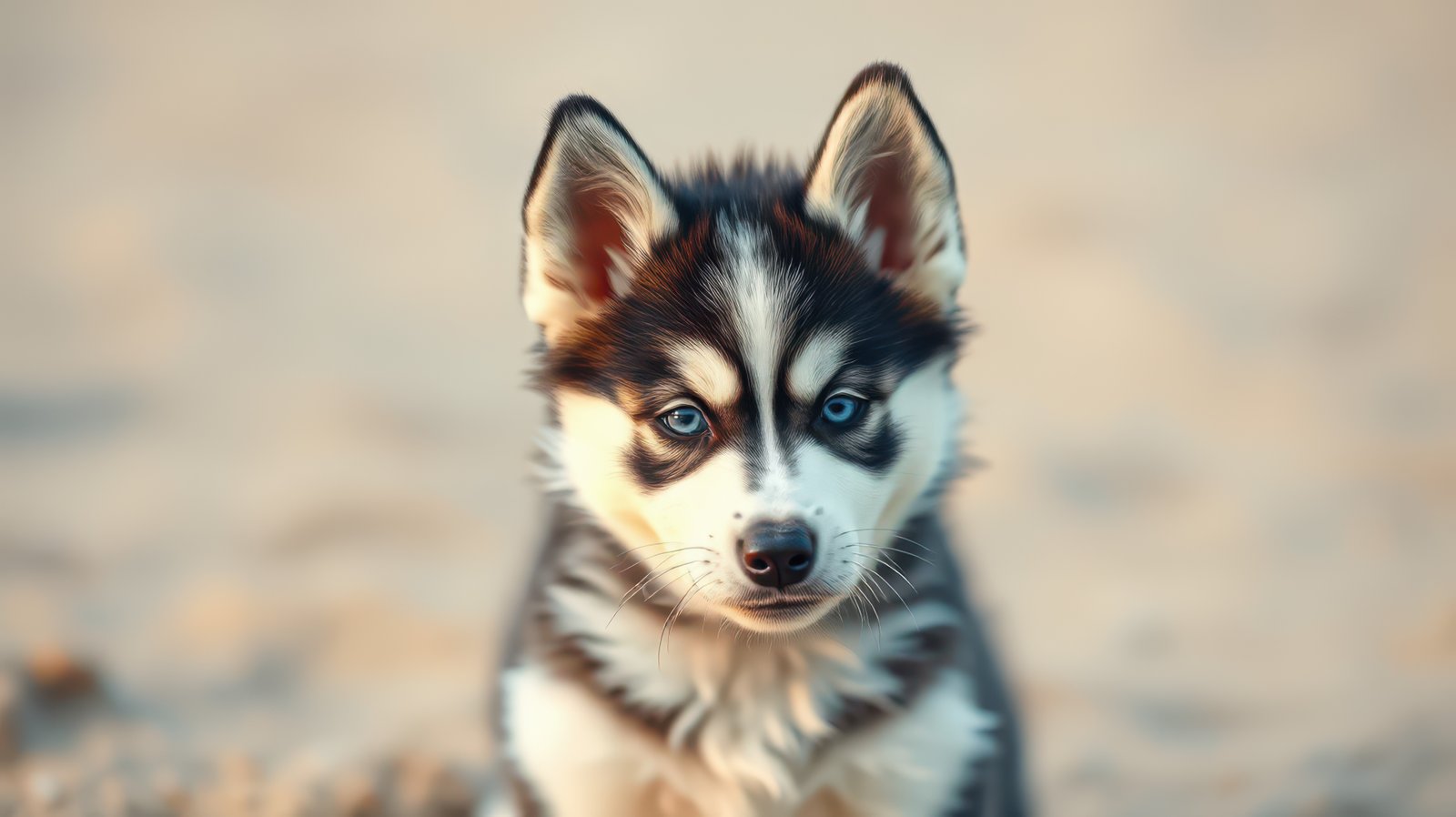 Cute husky puppy with striking blue eyes enjoying the sandy beach on a sunny day